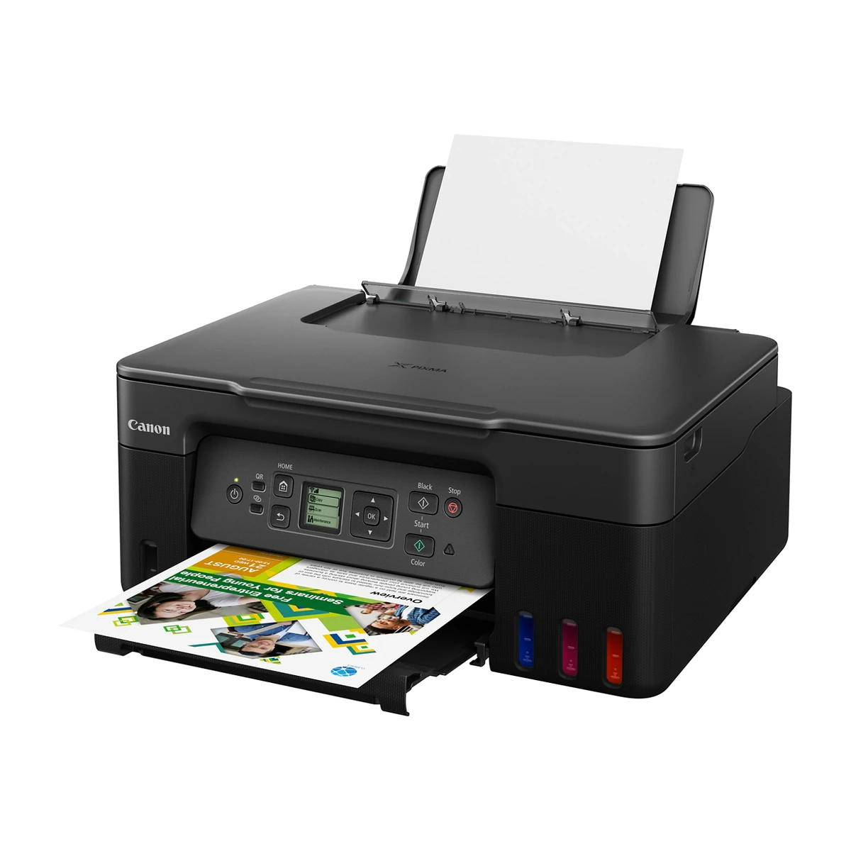 Canon PIXMA G3270 printer, angled view with paper loaded Canon PIXMA G3270 printer, angled view with paper loaded