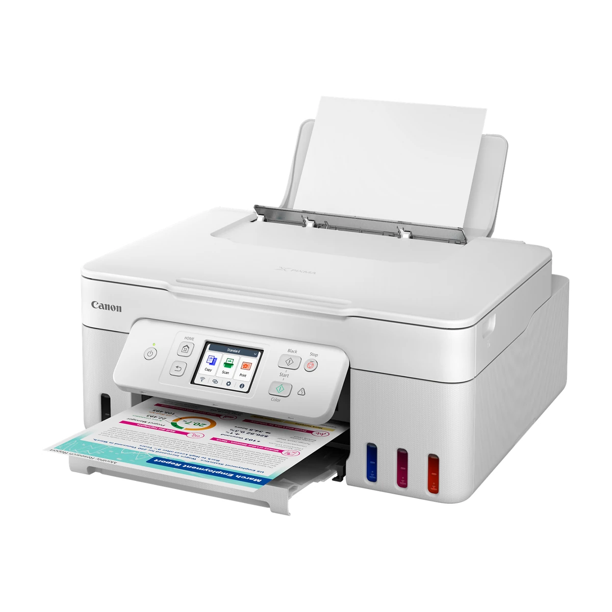 Canon PIXMA G3290 with paper loaded, angled view Canon PIXMA G3290 with paper loaded, angled view
