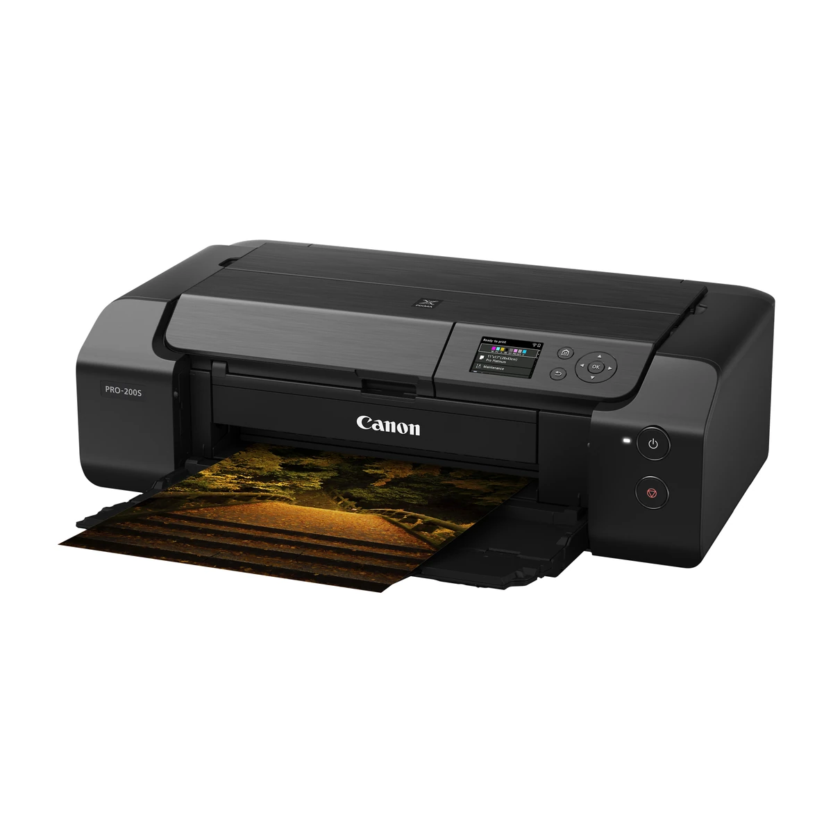 Canon PIXMA PRO-200S with a photo print in the output tray Canon PIXMA PRO-200S with a photo print in the output tray