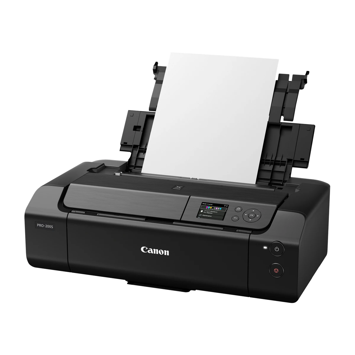 Canon PIXMA PRO-200S with top feed tray extended, angled view Canon PIXMA PRO-200S with top feed tray extended, angled view