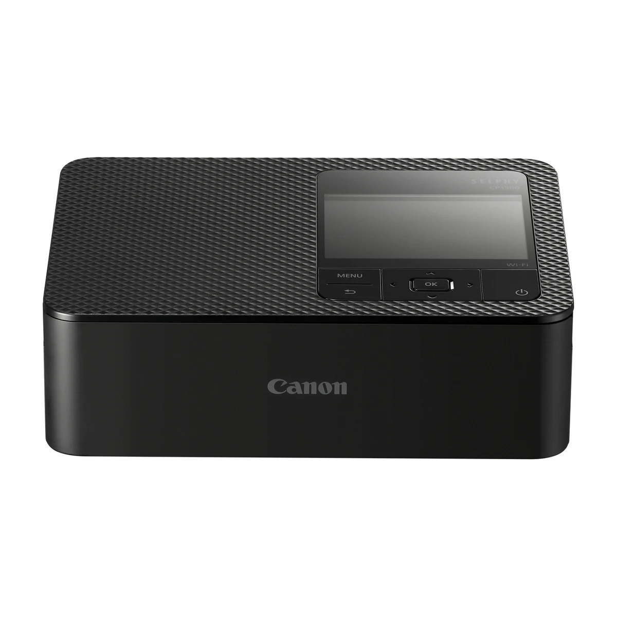 Canon SELPHY CP1500 photo printer in black, front view Canon SELPHY CP1500 photo printer in black, front view
