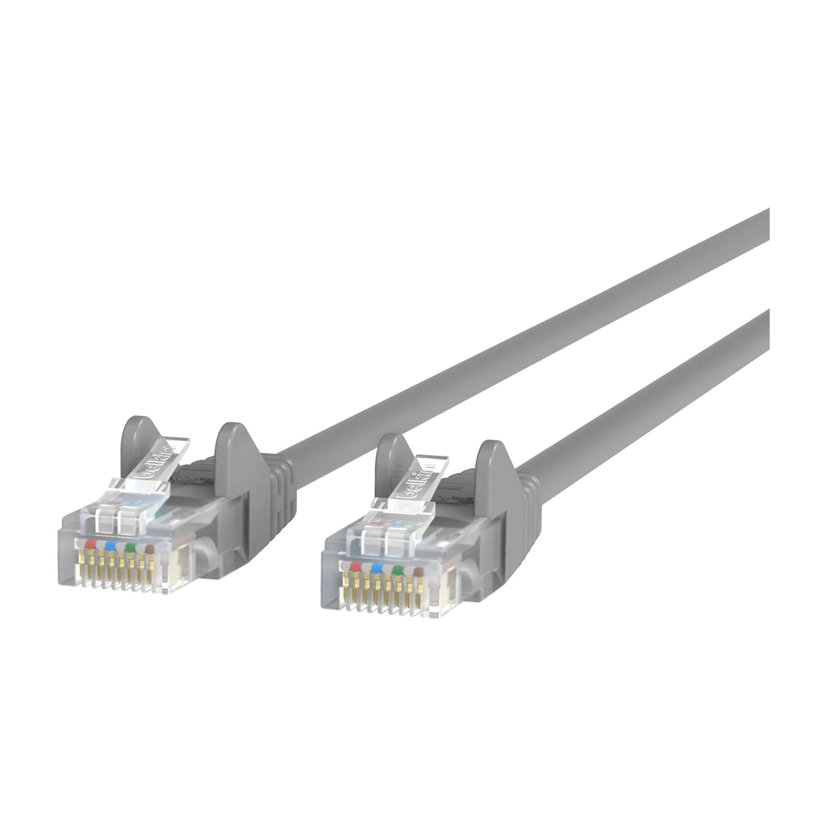 Belkin Cat6 snagless patch cable gray, angled view of RJ45 connectors Belkin Cat6 snagless patch cable gray, angled view of RJ45 connectors