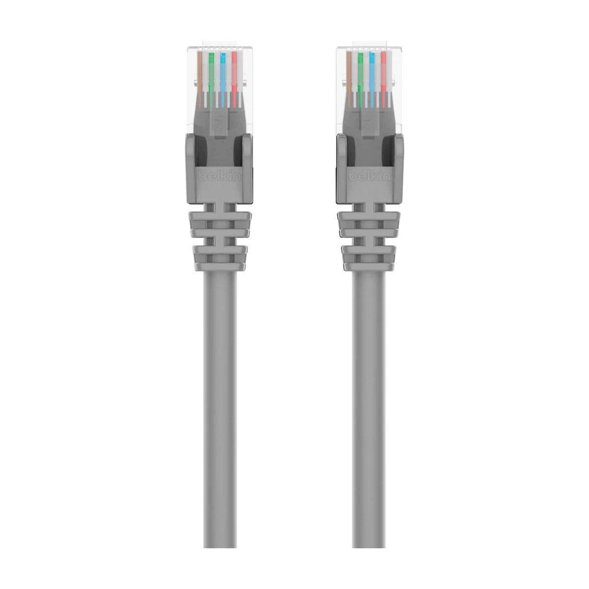 Belkin Cat6 snagless patch cable gray, front view of both RJ45 plugs Belkin Cat6 snagless patch cable gray, front view of both RJ45 plugs