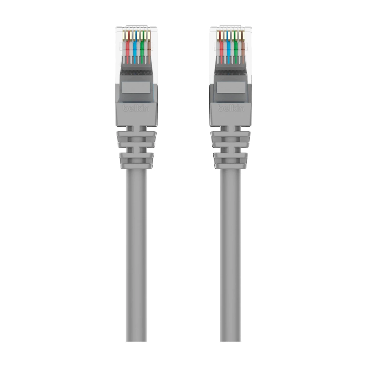 Belkin Cat6 snagless patch cable gray, rear view of RJ45 plugs Belkin Cat6 snagless patch cable gray, rear view of RJ45 plugs