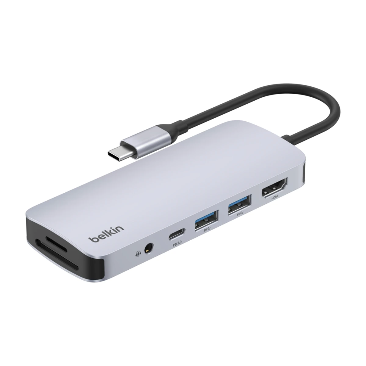 Belkin USB-C 7-in-1 Multiport Hub AVC009, front view Belkin USB-C 7-in-1 Multiport Hub AVC009, front view