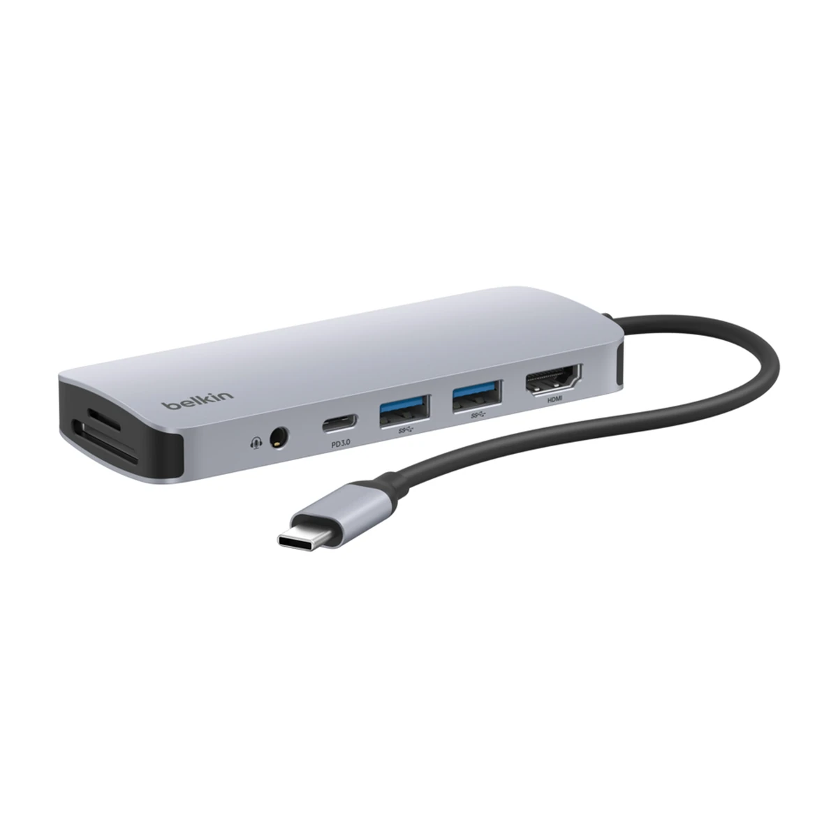 Belkin USB-C 7-in-1 Multiport Hub AVC009, three quarter view Belkin USB-C 7-in-1 Multiport Hub AVC009, three quarter view