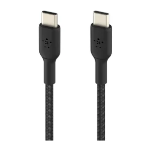 Belkin BoostCharge braided USB-C to USB-C cable black, front view of both plugs