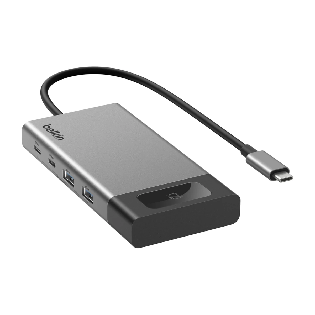 Belkin 8-Port Dual Display USB-C Hub INC027, rear three quarter view Belkin 8-Port Dual Display USB-C Hub INC027, rear three quarter view