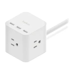 Belkin SRA006p3tt5 3-outlet power cube, front three-quarter view