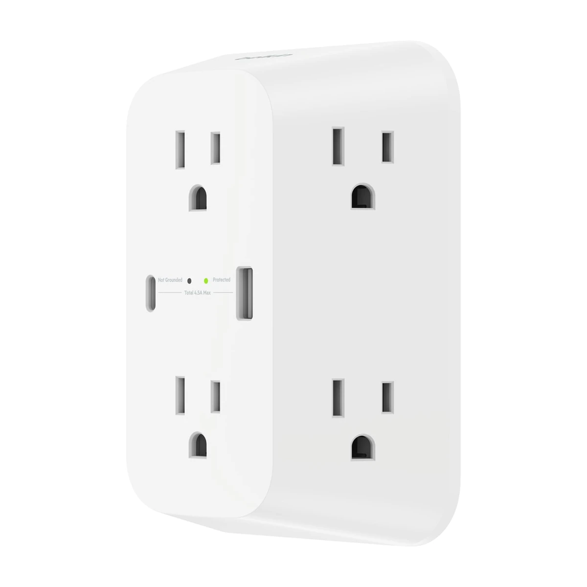 Belkin SRA008p6tt wall surge protector, angled view Belkin SRA008p6tt wall surge protector, angled view