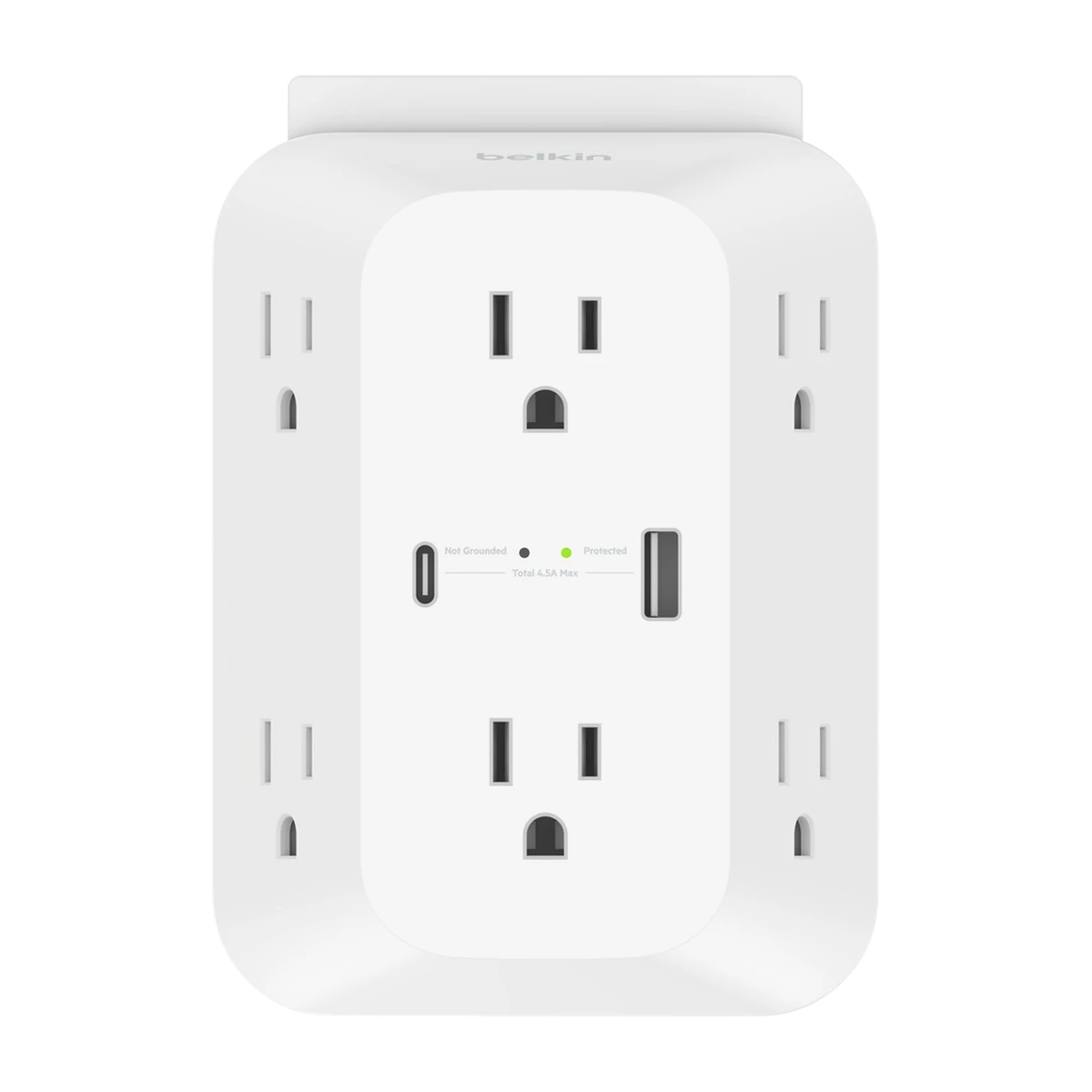 Belkin SRA008p6tt wall surge protector, front view with top shelf Belkin SRA008p6tt wall surge protector, front view with top shelf