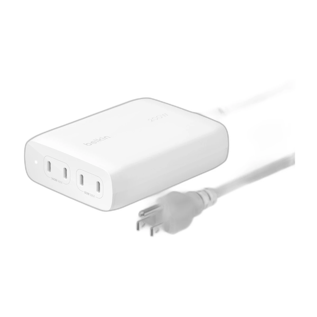 Belkin WCH015dqWH 200W USB-C charger with power cord, angled view Belkin WCH015dqWH 200W USB-C charger with power cord, angled view