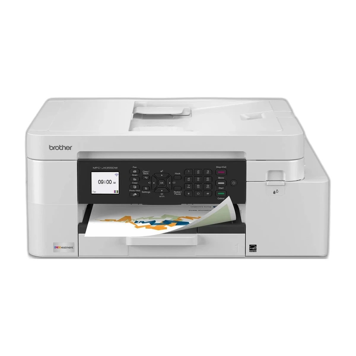 Brother MFC-J4355DW color inkjet all-in-one, front view Brother MFC-J4355DW color inkjet all-in-one, front view