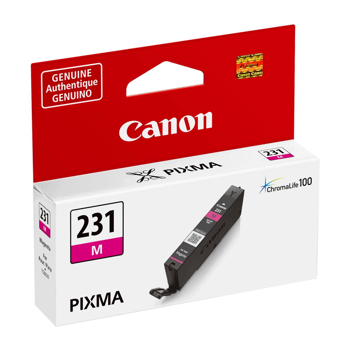 Canon CLI-231 magenta ink tank package, angled view Canon CLI-231 magenta ink tank package, angled view