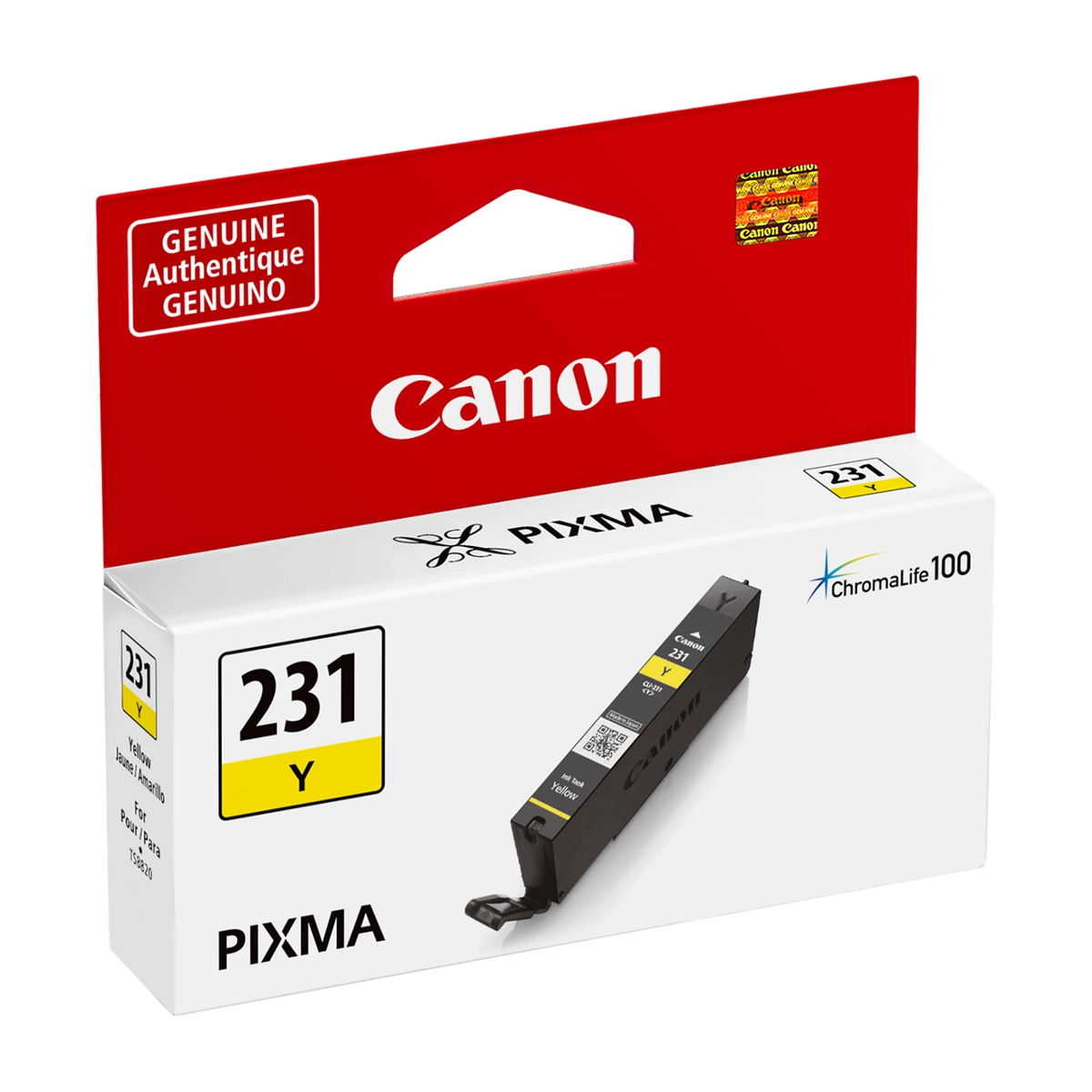 Canon CLI-231 yellow ink tank package, angled view Canon CLI-231 yellow ink tank package, angled view