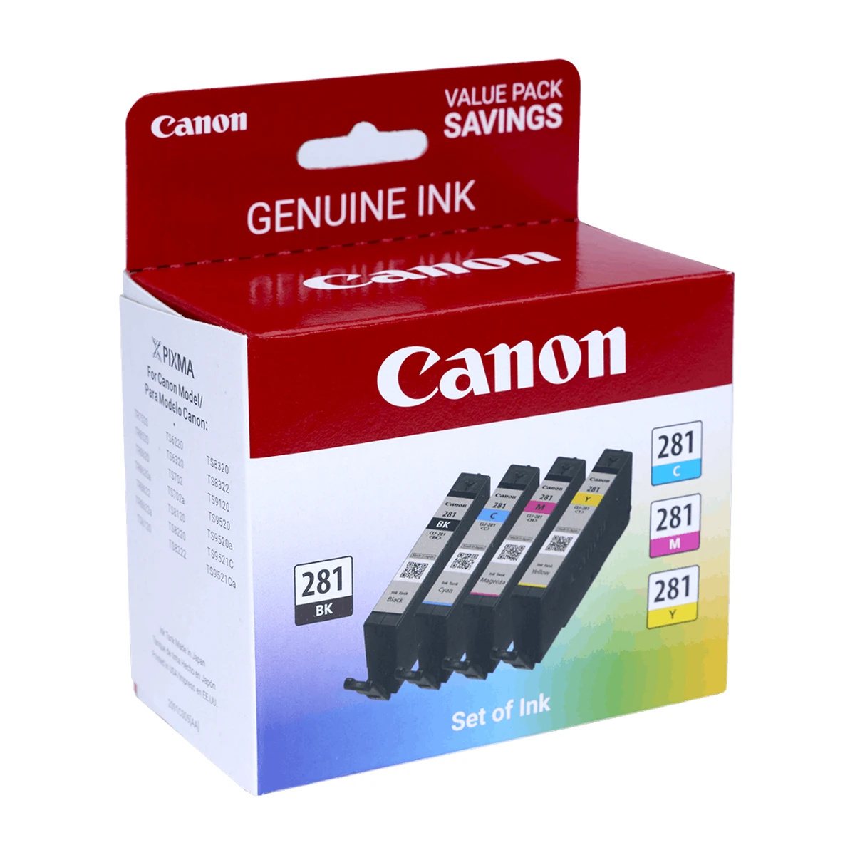 Canon CLI-281 4-ink value pack, angled left view Canon CLI-281 4-ink value pack, angled left view