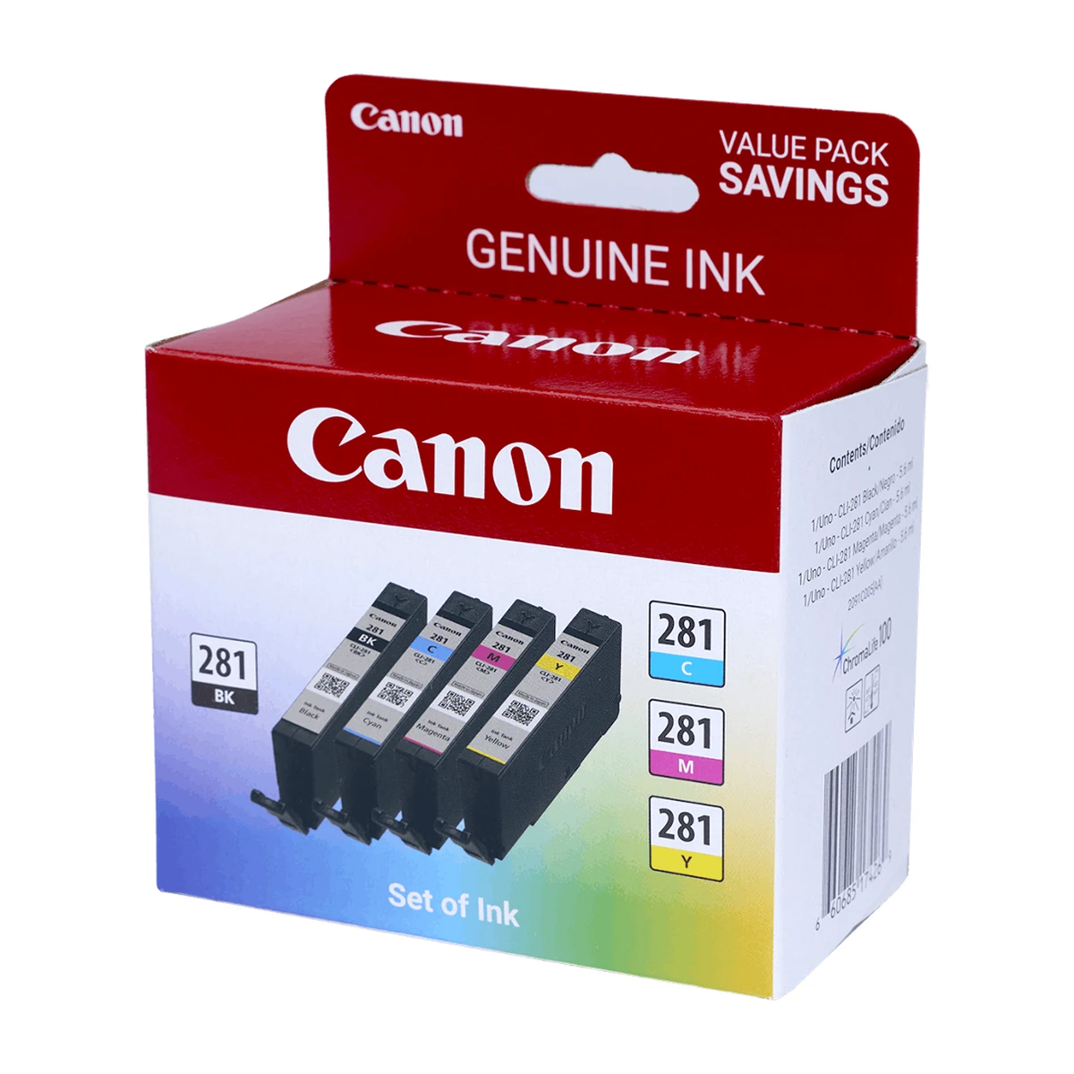 Canon CLI-281 4-ink value pack, angled right view Canon CLI-281 4-ink value pack, angled right view