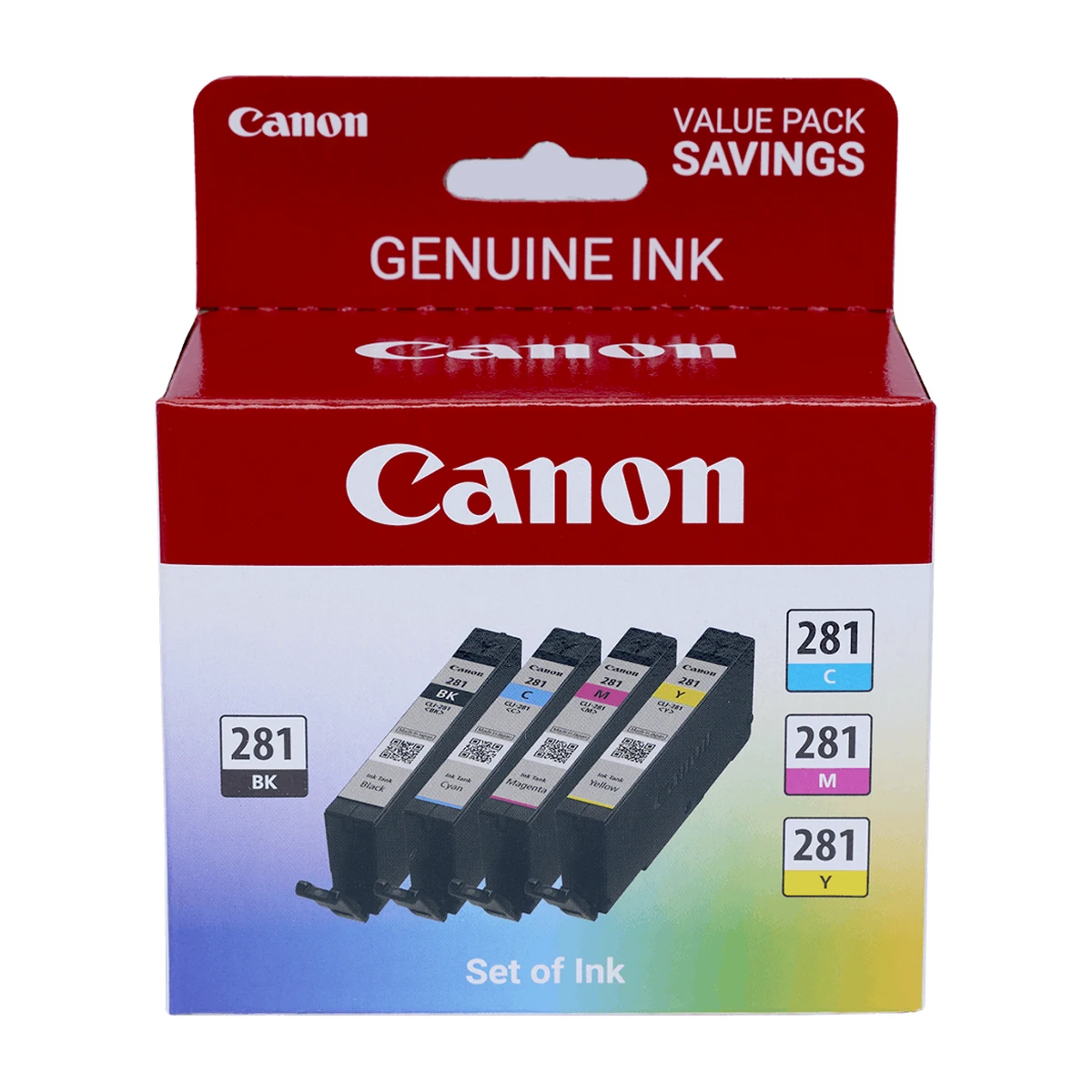 Canon CLI-281 BK C M Y 4-ink value pack, front view Canon CLI-281 BK C M Y 4-ink value pack, front view