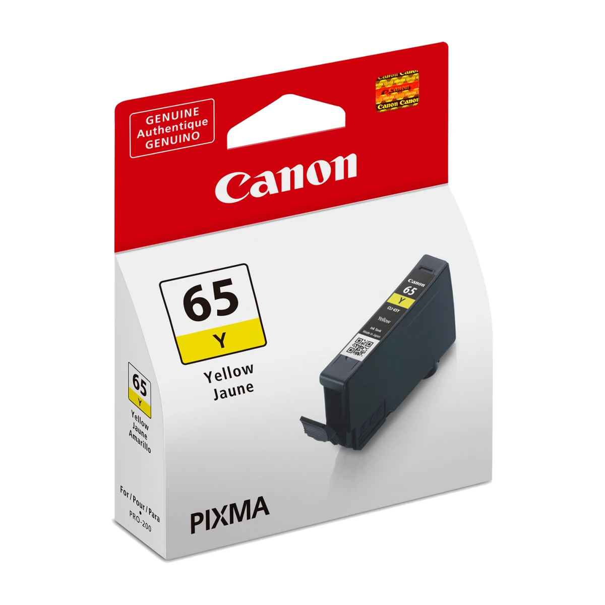 Canon CLI-65 yellow ink tank package, angled view Canon CLI-65 yellow ink tank package, angled view