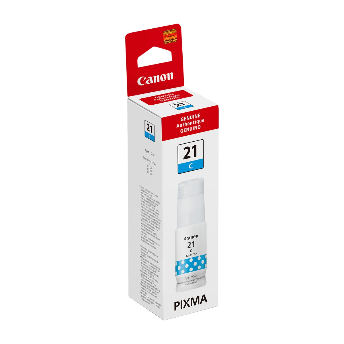 Canon GI-21 cyan ink bottle box, angled view Canon GI-21 cyan ink bottle box, angled view