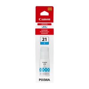Canon GI-21 cyan ink bottle retail box, front view