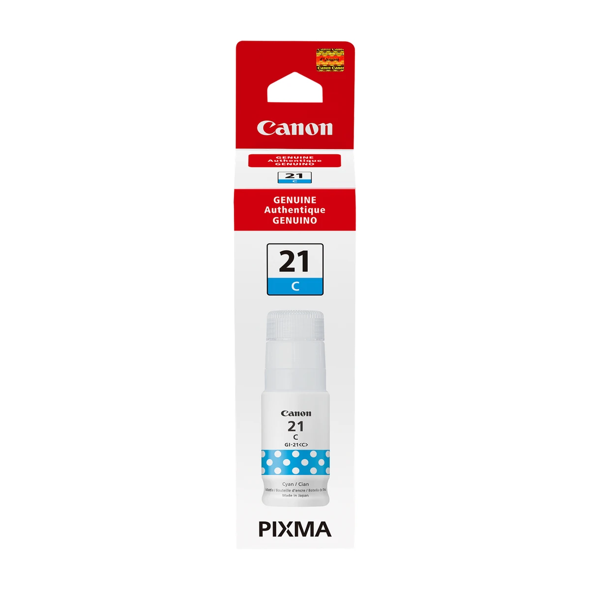 Canon GI-21 cyan ink bottle retail box, front view Canon GI-21 cyan ink bottle retail box, front view