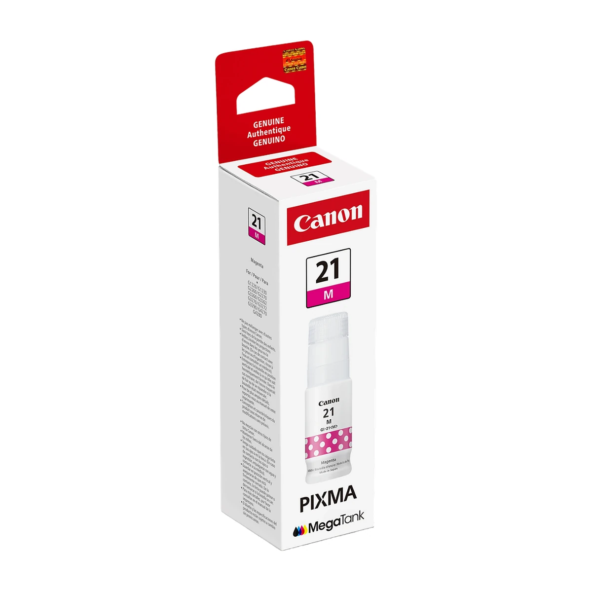 Canon GI-21 magenta ink bottle box, angled view Canon GI-21 magenta ink bottle box, angled view