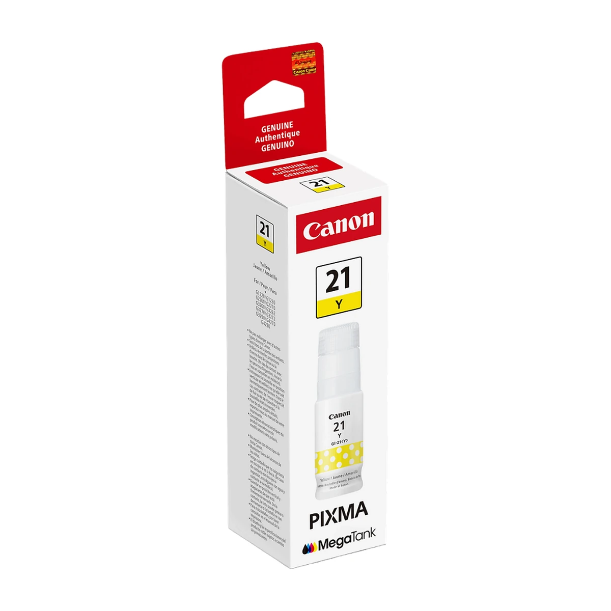 Canon GI-21 yellow ink bottle box, angled view Canon GI-21 yellow ink bottle box, angled view