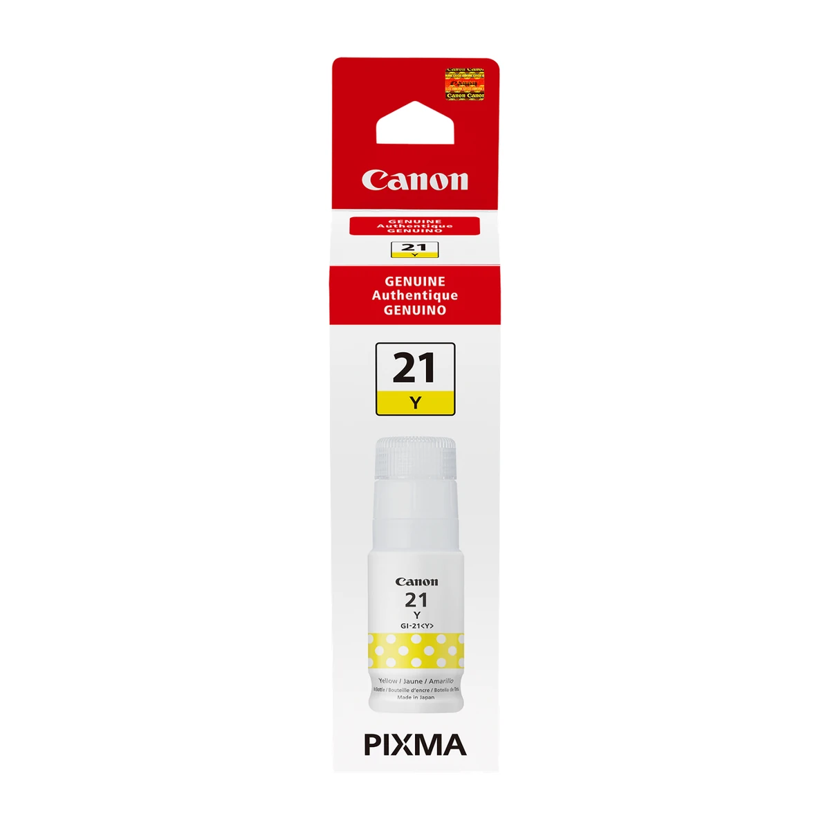 Canon GI-21 yellow ink bottle retail box, front view Canon GI-21 yellow ink bottle retail box, front view