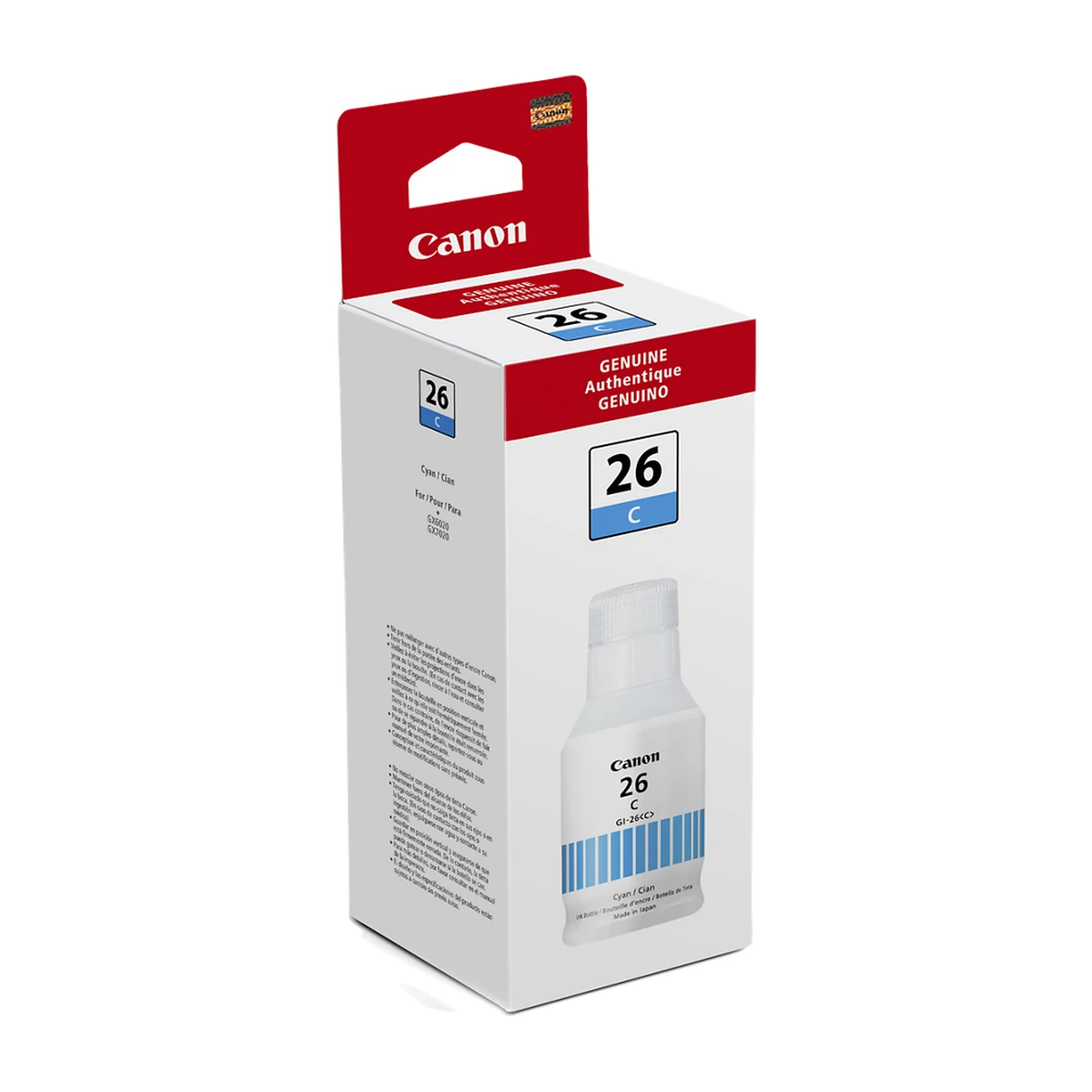 Canon GI-26 pigment cyan ink bottle box, angled view Canon GI-26 pigment cyan ink bottle box, angled view