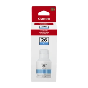 Canon GI-26 pigment cyan ink bottle retail box, front view