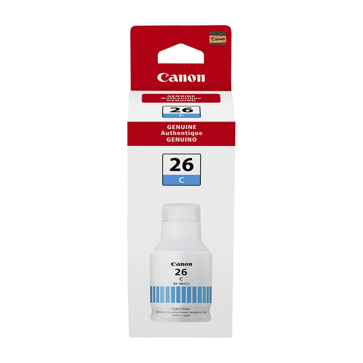 Canon GI-26 pigment cyan ink bottle retail box, front view Canon GI-26 pigment cyan ink bottle retail box, front view