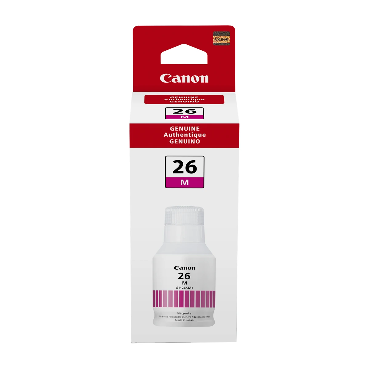 Canon GI-26 pigment magenta ink bottle retail box, front view Canon GI-26 pigment magenta ink bottle retail box, front view