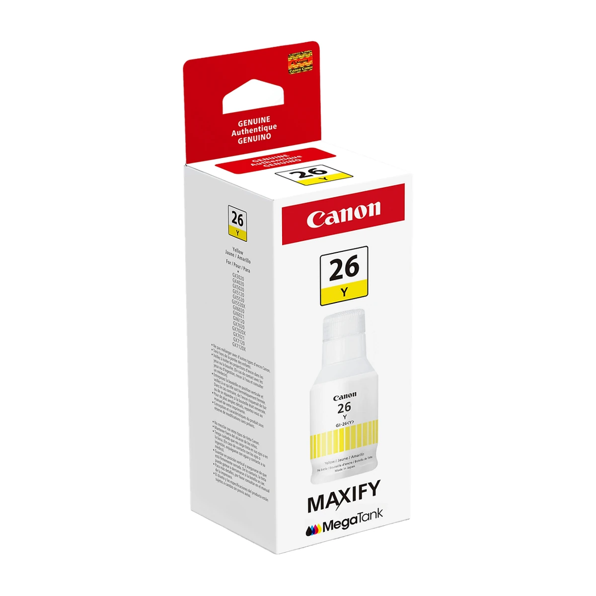 Canon GI-26 pigment yellow ink bottle box, angled view Canon GI-26 pigment yellow ink bottle box, angled view