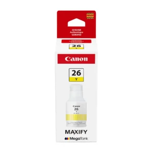 Canon GI-26 pigment yellow ink bottle retail box, front view