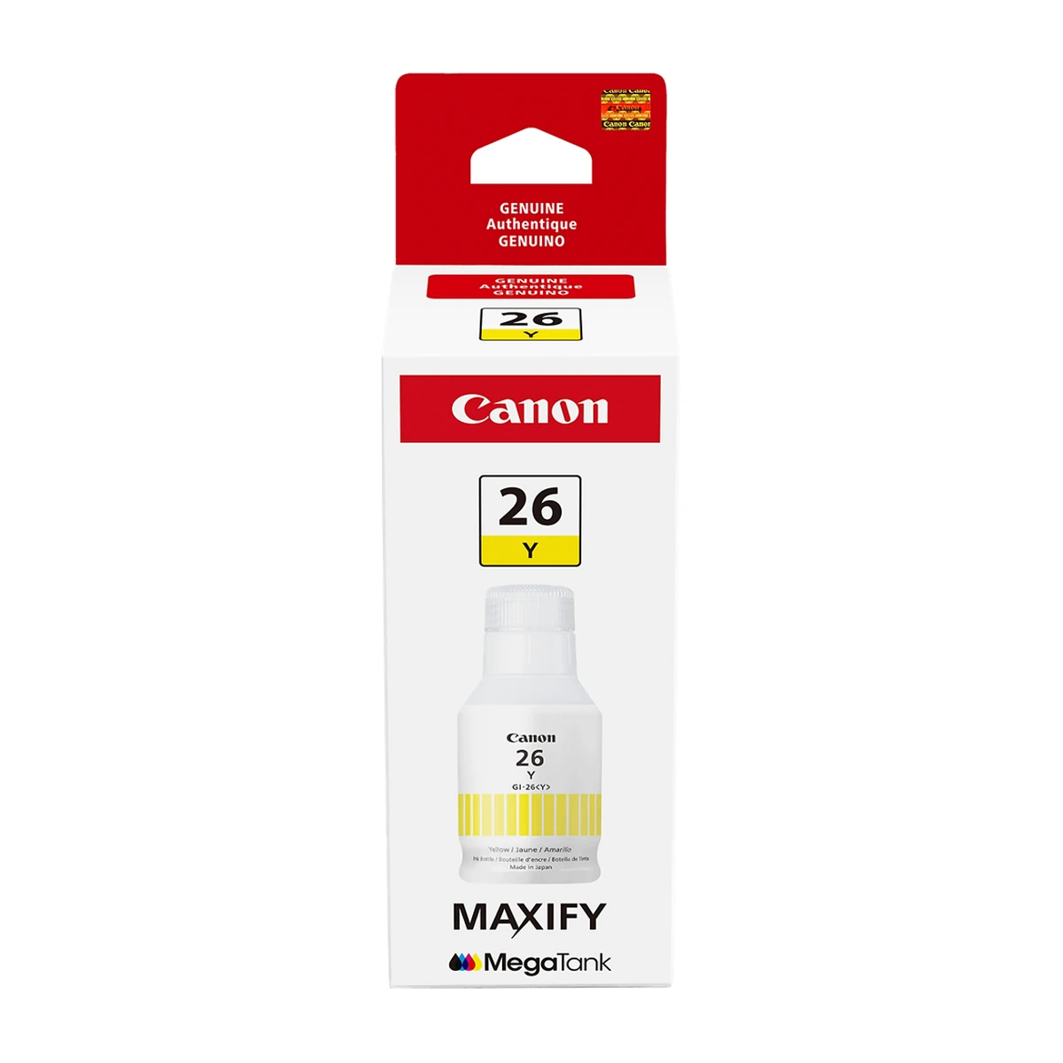 Canon GI-26 pigment yellow ink bottle retail box, front view Canon GI-26 pigment yellow ink bottle retail box, front view