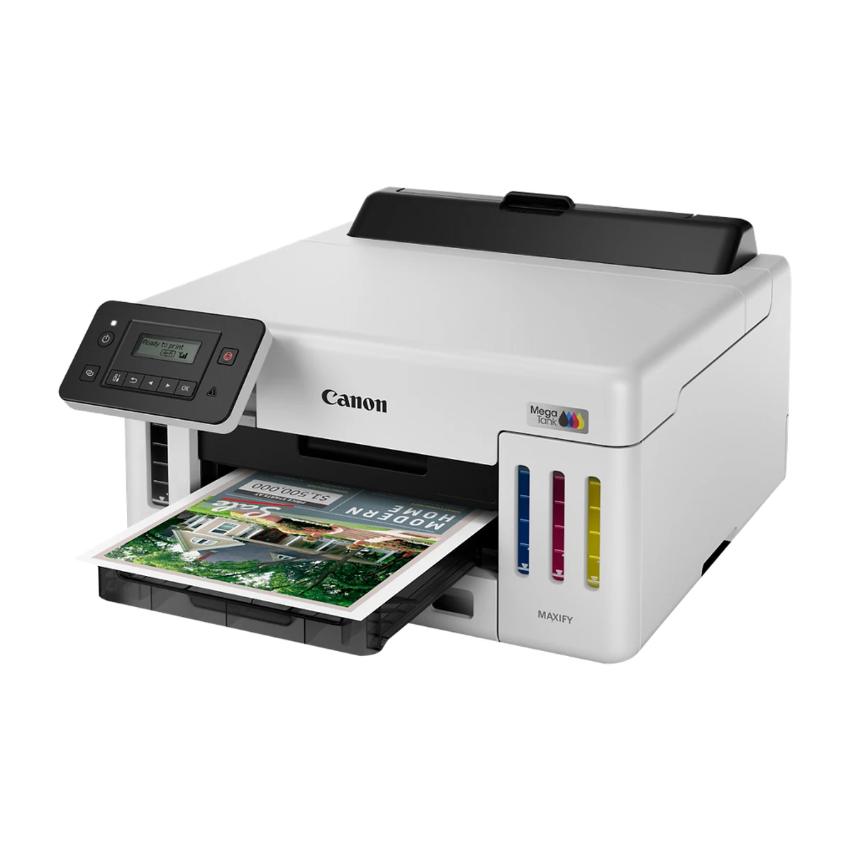 Canon MegaTank GX5120 angled view with print output Canon MegaTank GX5120 angled view with print output