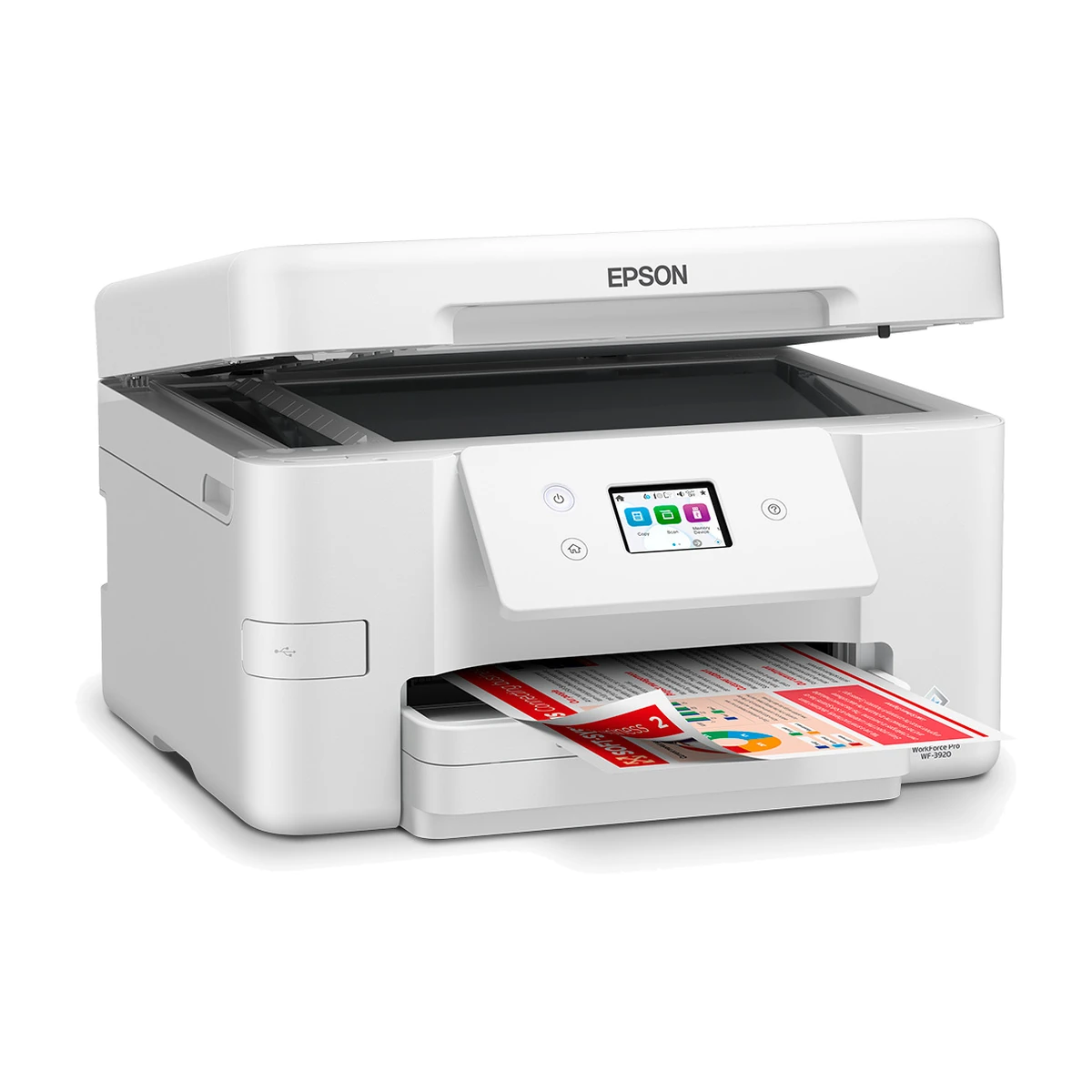 Epson WorkForce Pro WF-3920 with scanner lid open Epson WorkForce Pro WF-3920 with scanner lid open