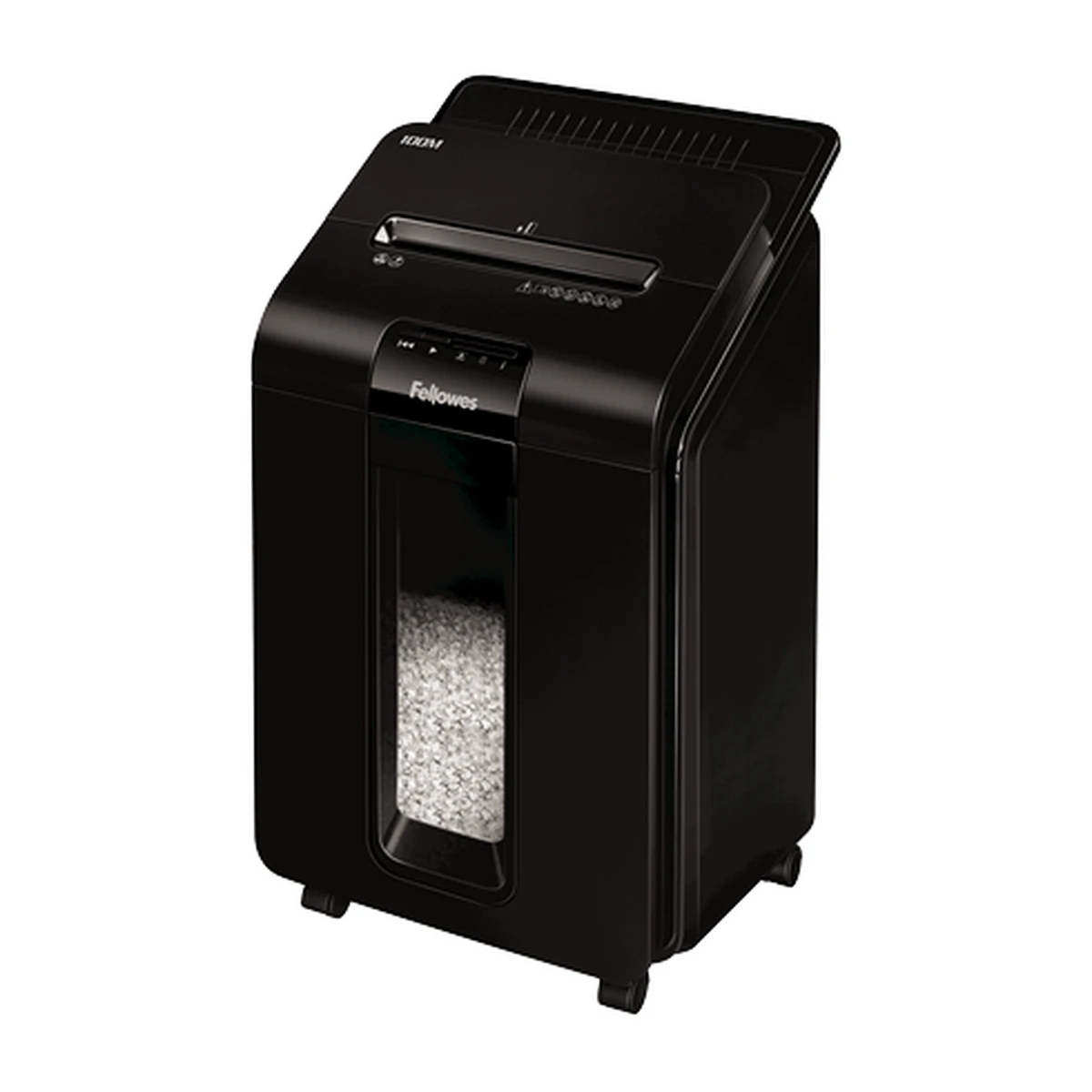 Fellowes AutoMax 100M auto feed shredder, left angle view Fellowes AutoMax 100M auto feed shredder, left angle view