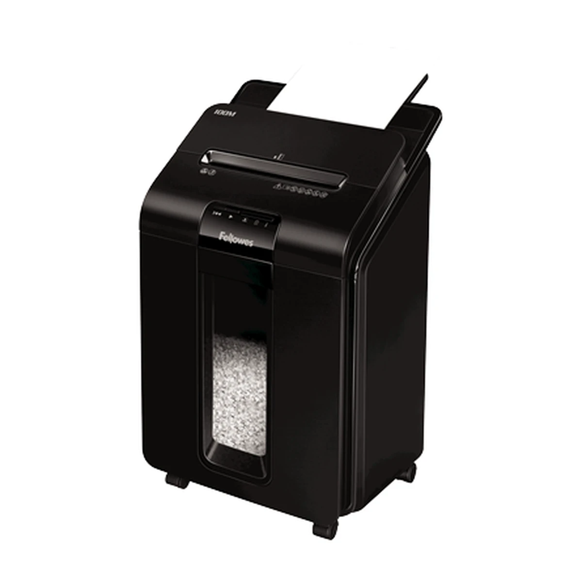 Fellowes AutoMax 100M auto feed shredder, view with feed tray open Fellowes AutoMax 100M auto feed shredder, view with feed tray open