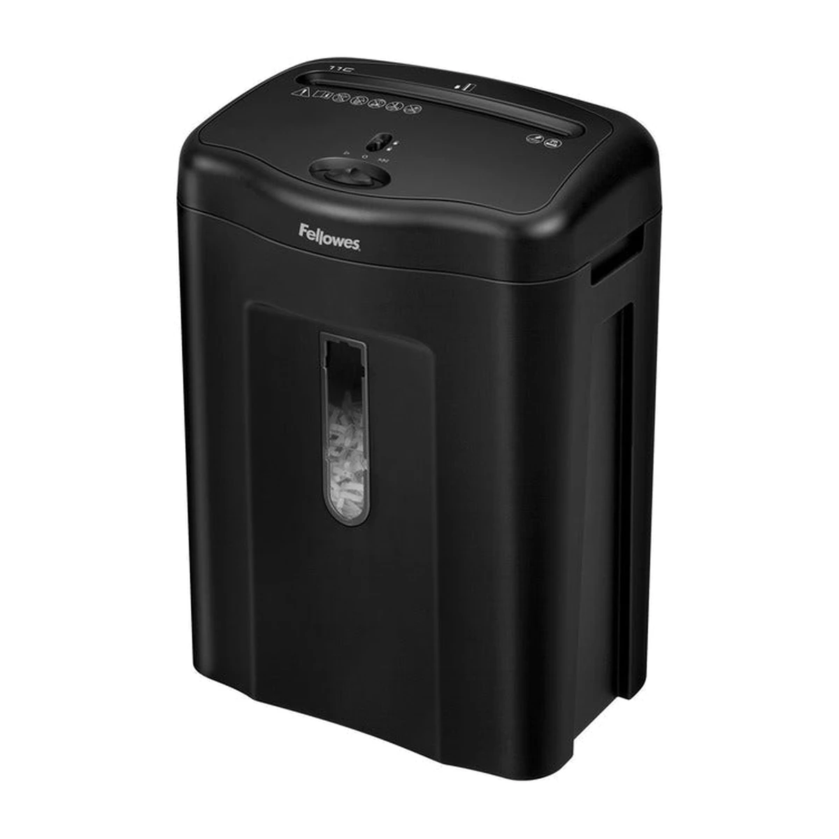 Fellowes Powershred 11C cross-cut shredder, angled view Fellowes Powershred 11C cross-cut shredder, angled view