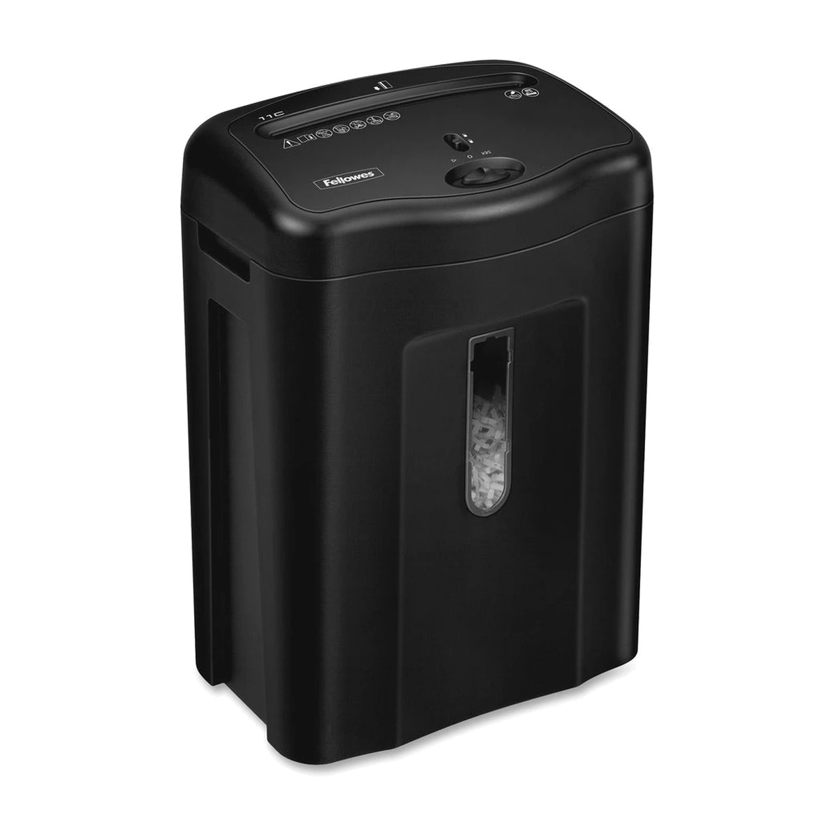 Fellowes Powershred 11C cross-cut shredder, side angle view Fellowes Powershred 11C cross-cut shredder, side angle view