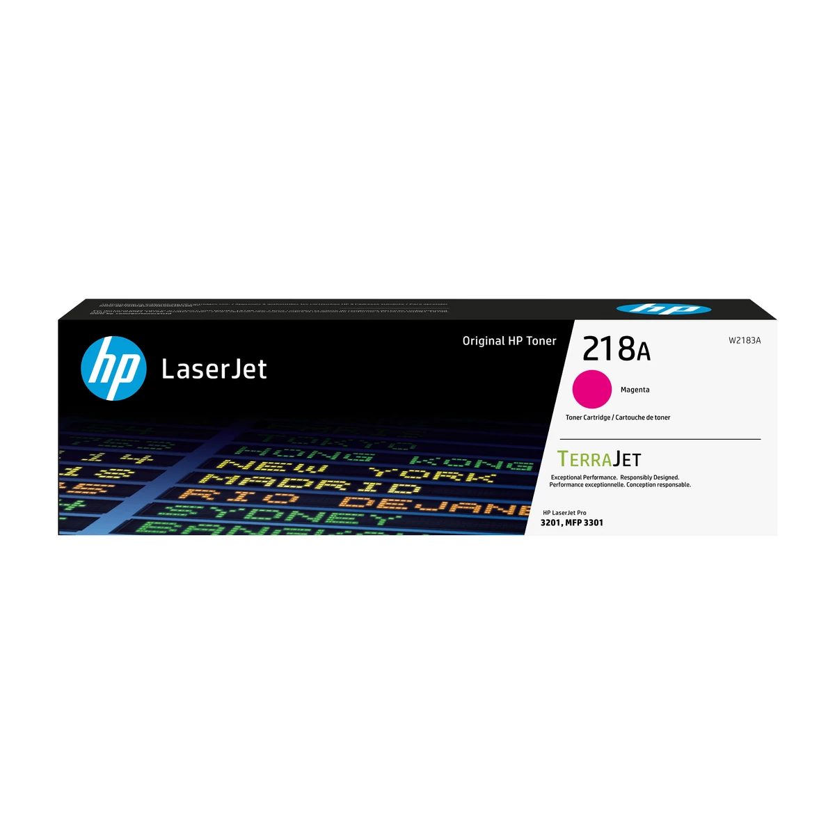 HP 218A Magenta toner cartridge W2183A retail box, front view HP 218A Magenta toner cartridge W2183A retail box, front view