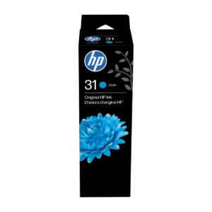 HP 31 Cyan ink bottle 1VU26AN retail box, front view