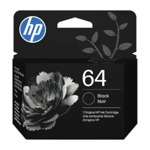 HP 64 Black Ink Cartridge N9J90AN retail pack, front view
