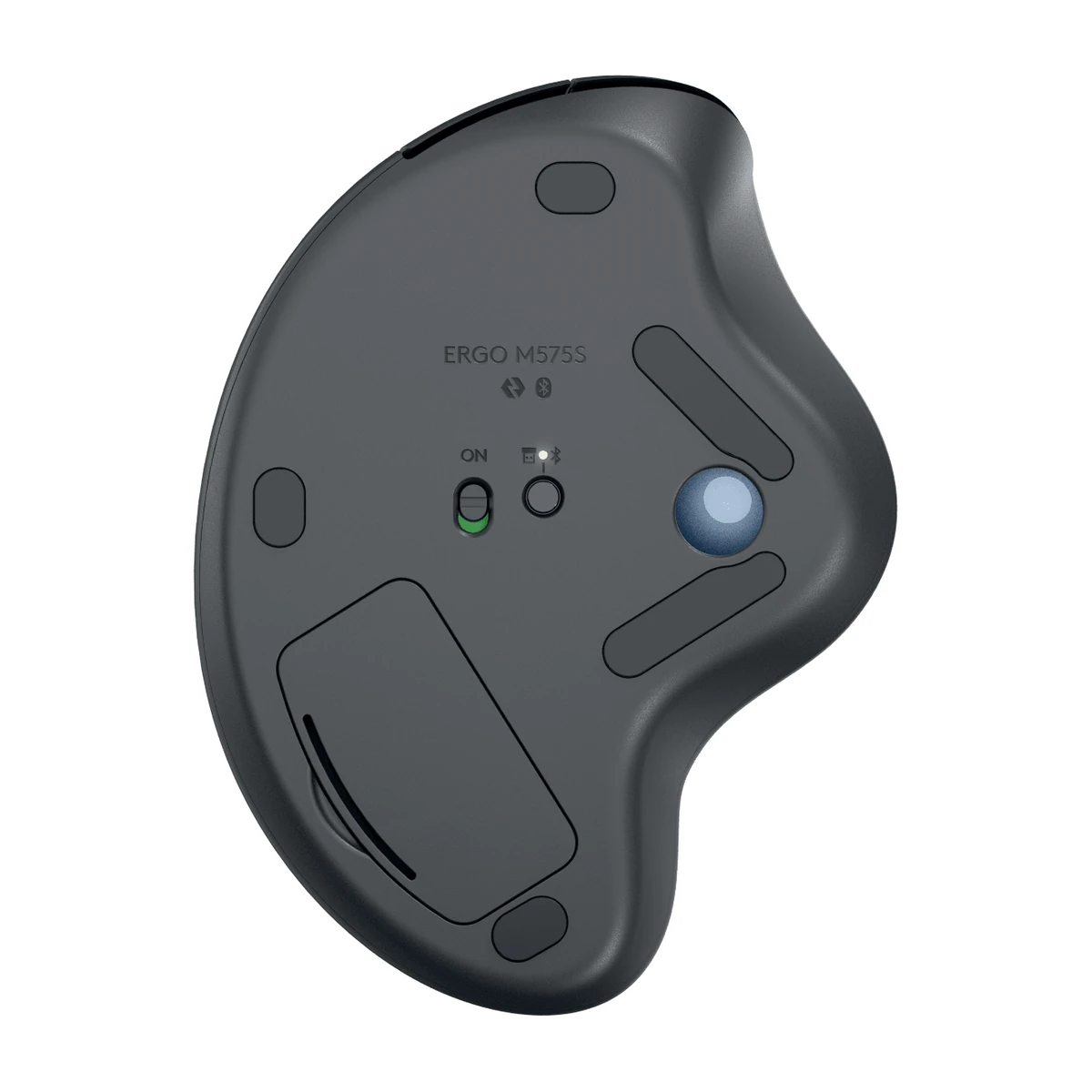 Logitech ERGO M575S trackball in Graphite, underside view Logitech ERGO M575S trackball in Graphite, underside view