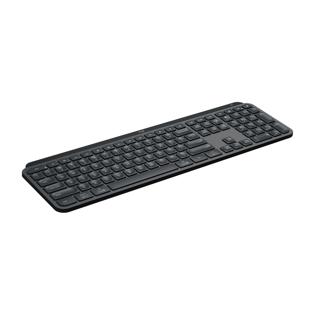 Logitech MX Keys S keyboard in Graphite, angled left view Logitech MX Keys S keyboard in Graphite, angled left view