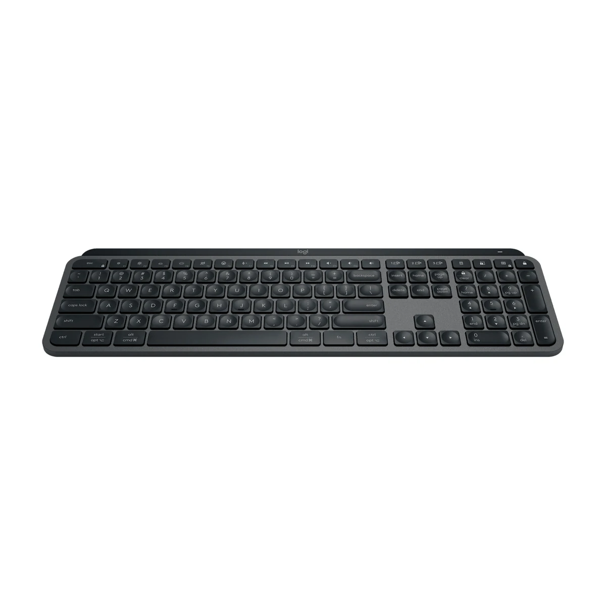 Logitech MX Keys S keyboard in Graphite, low front view Logitech MX Keys S keyboard in Graphite, low front view