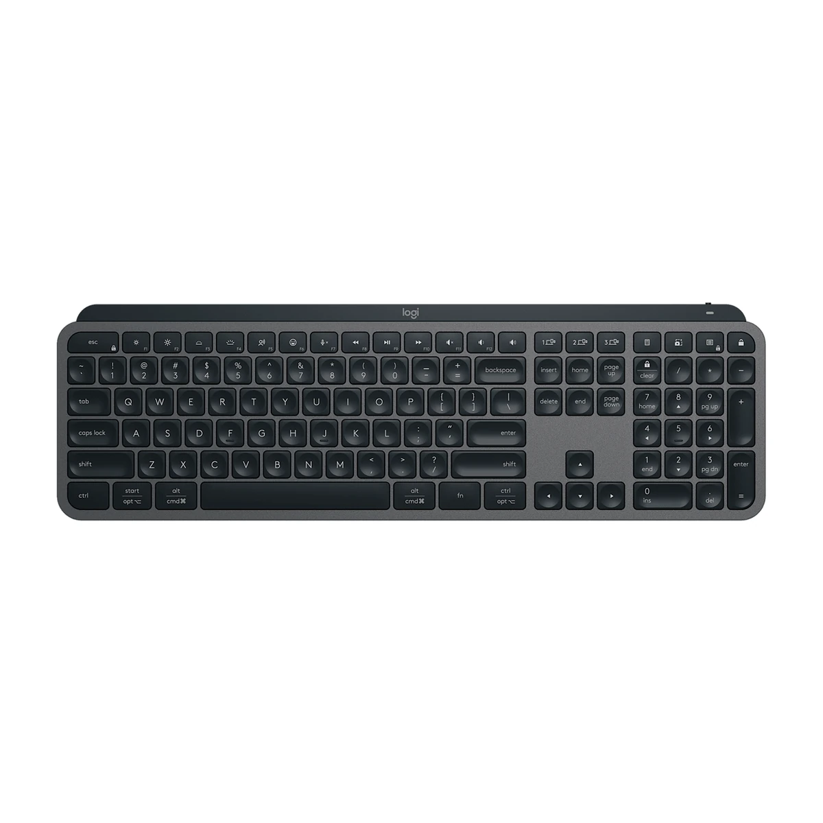Logitech MX Keys S keyboard in Graphite, front view Logitech MX Keys S keyboard in Graphite, front view