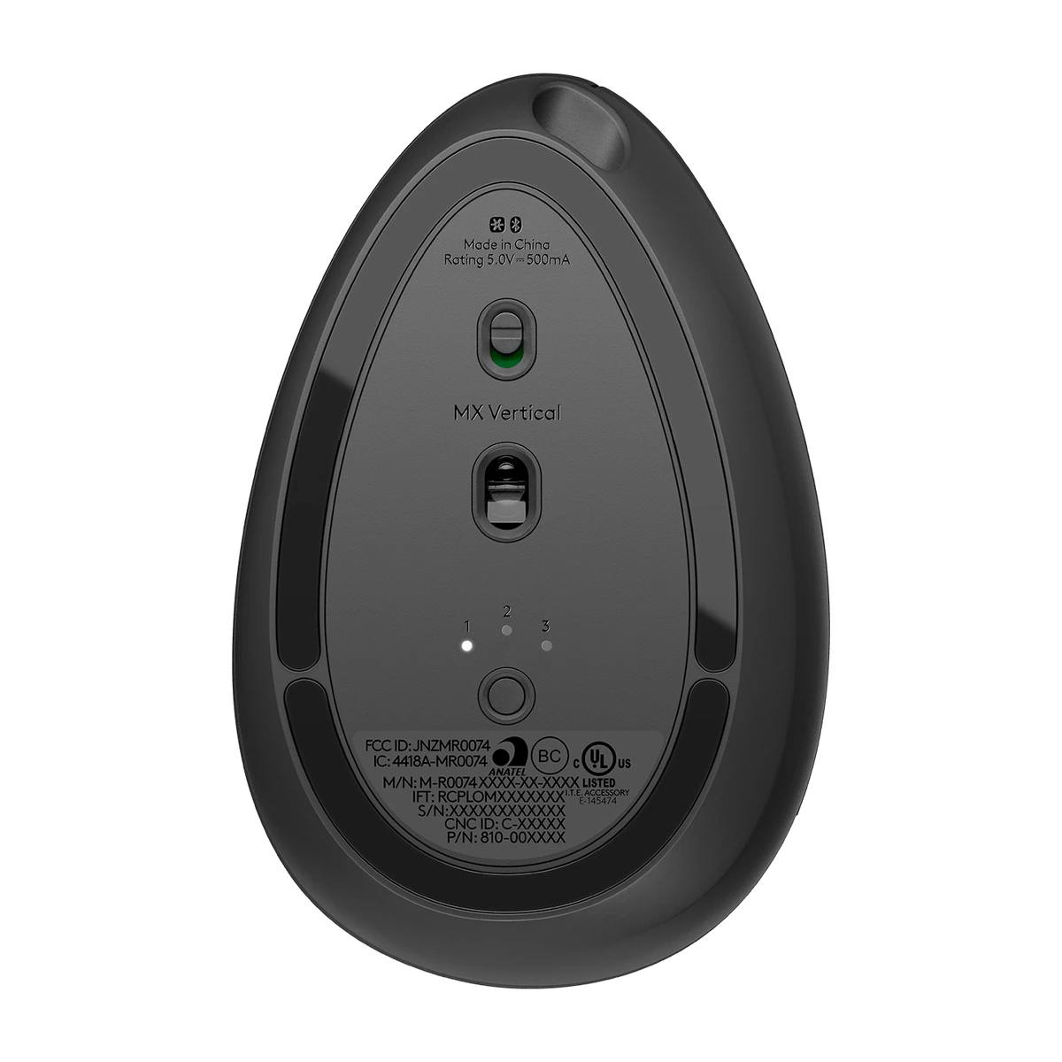 Logitech MX Vertical ergonomic mouse in Graphite, underside view Logitech MX Vertical ergonomic mouse in Graphite, underside view